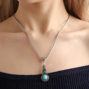 Elegant Silver and Turquoise Pendant Necklace Vintage Boho Bohemian Drop Crystal